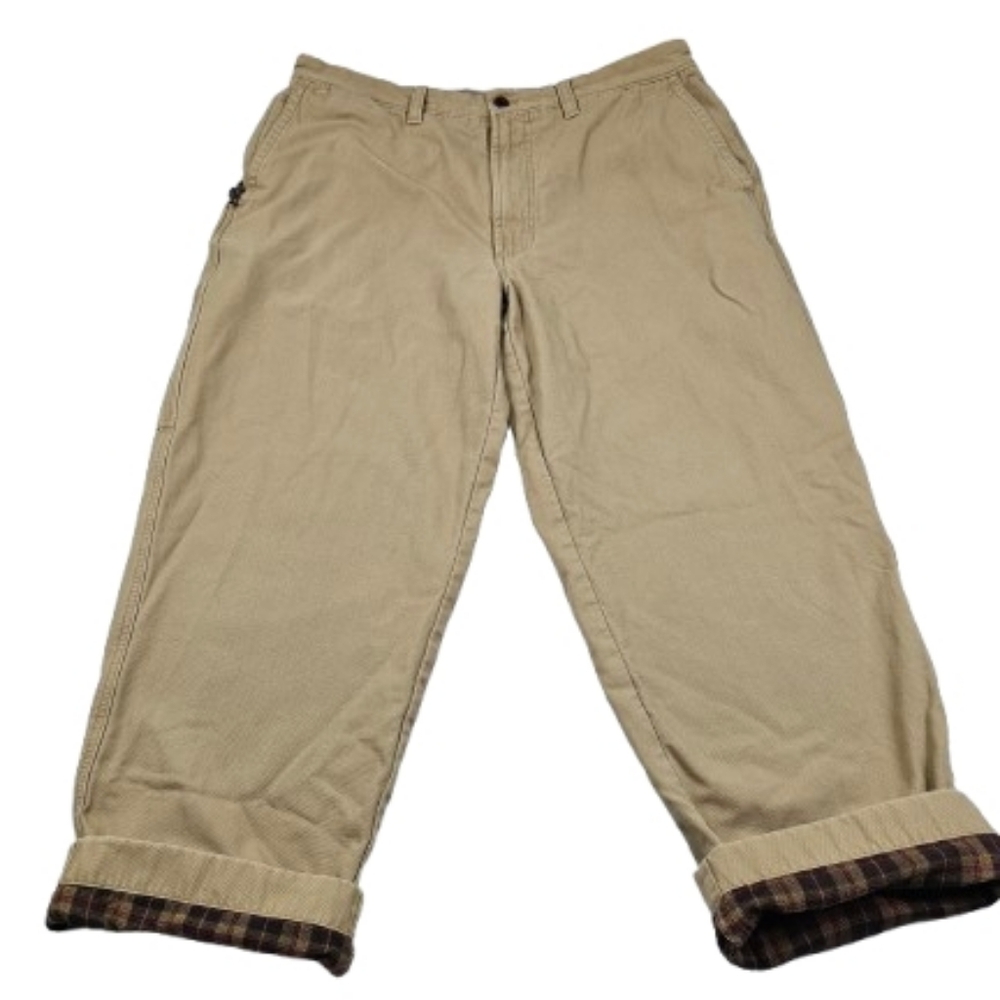 LL Bean Mens 38x30 Khaki Flannel Lined Brown Red Plaid Chino Natural Fit Pants